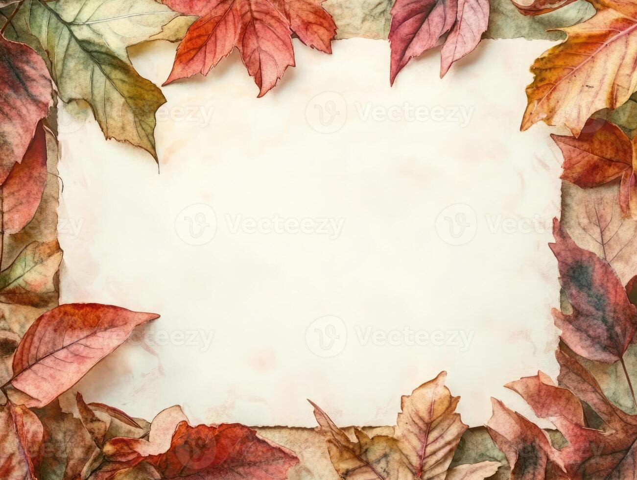 Autumn leaves frame a blank canvas with warm colors and textures in a serene setting during fall photo