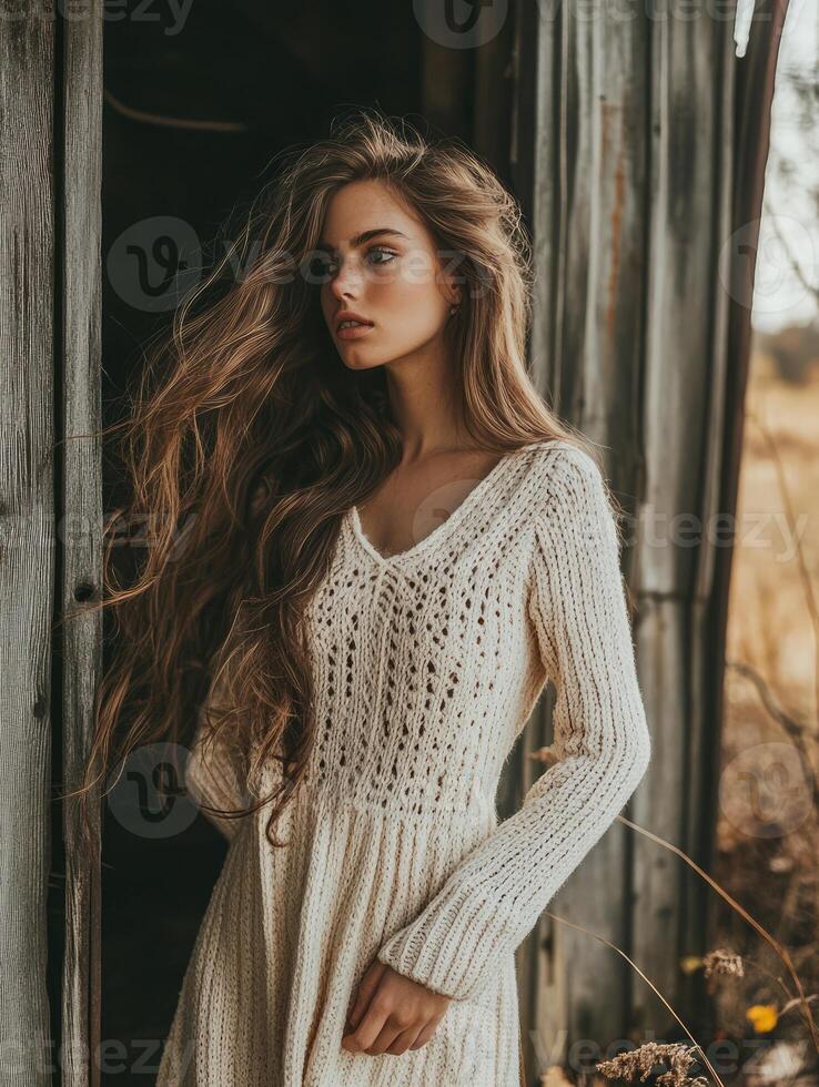 A young woman stands outdoors in a cozy knitted sweater surrounded by autumn foliage during a peaceful afternoon photo