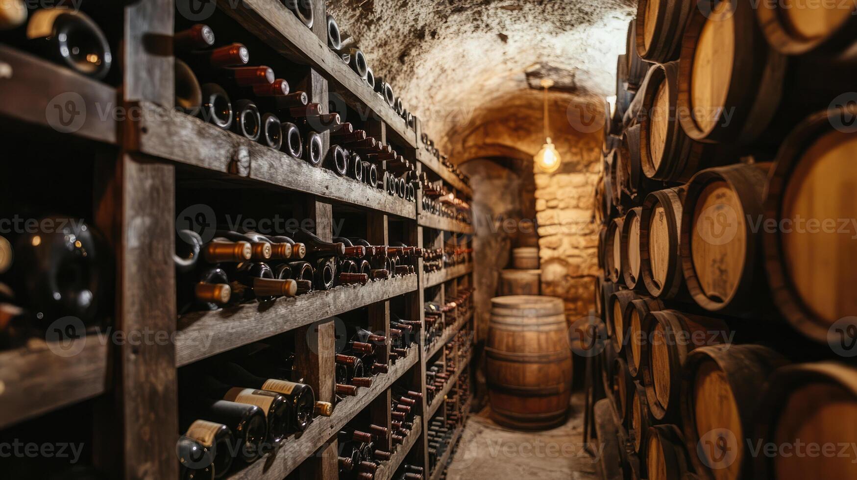 Wine cellar with wooden shelves and barrels showcasing a collection of wines in a rustic underground space illuminated by a warm light photo
