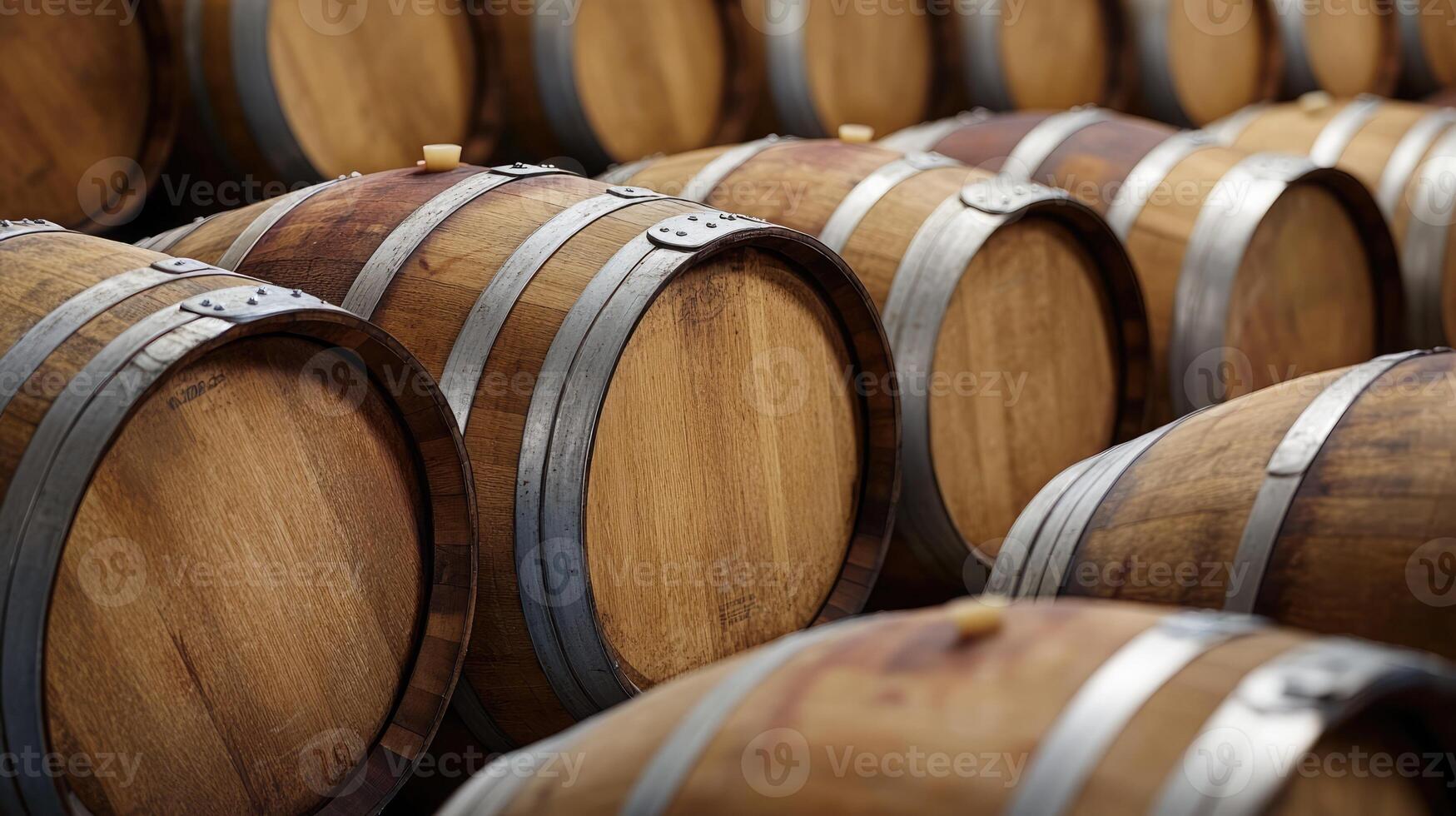 Wooden barrels stacked tightly in a rustic winery, showcasing craftsmanship and aged materials in late afternoon light photo