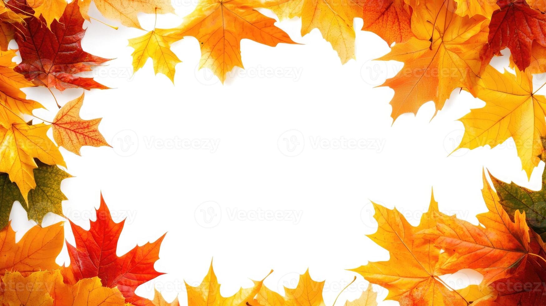 Colorful autumn maple leaves create a vibrant border on a white background, showcasing the beauty of fall in a natural arrangement photo