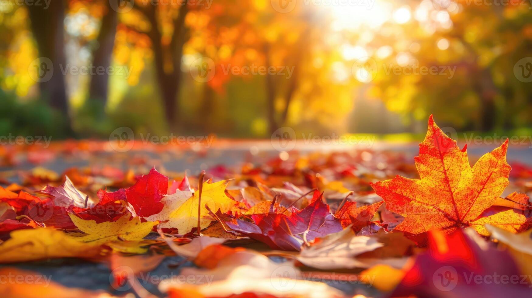 Colorful autumn leaves scattered on a path in a sunlit park during fall photo