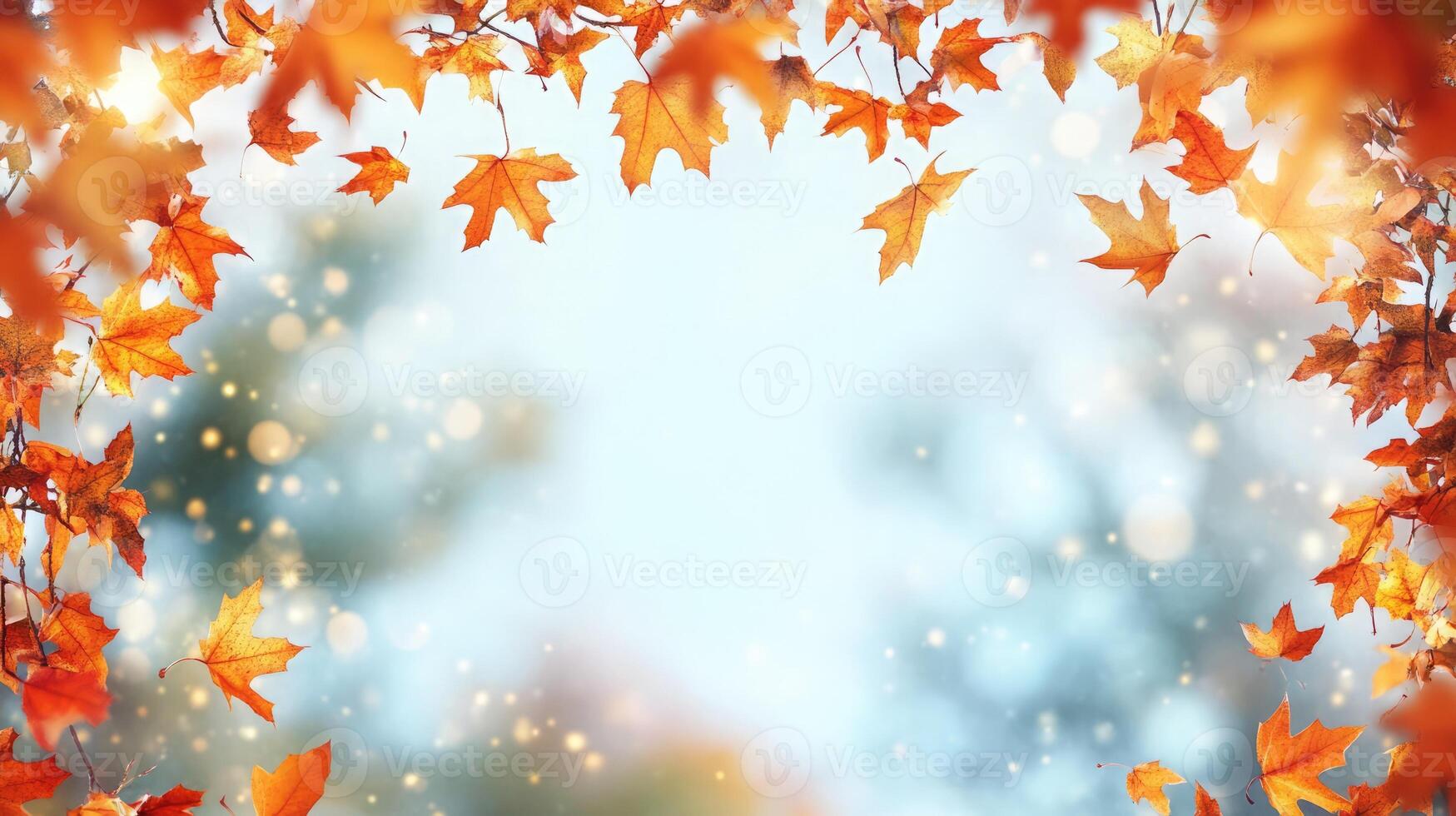 Autumn leaves framing a bright sky with soft bokeh effects in a serene outdoor setting during fall photo