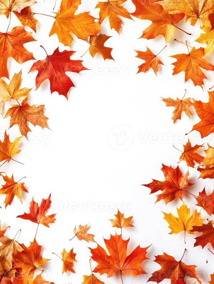A vibrant autumn wreath made from colorful leaves and red berries arranged on a white background to celebrate the fall season photo