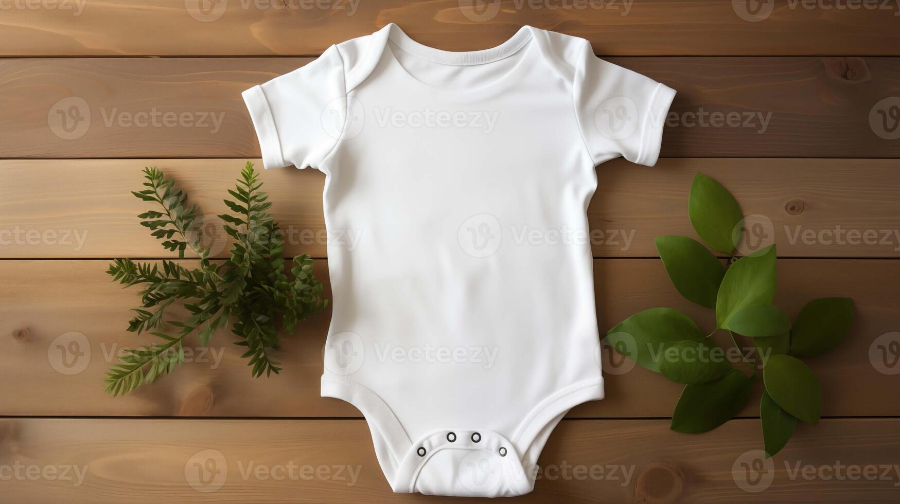 Spotless white onesie mockup on wood surface background. Green fern and leafy branches. Eco friendly bodysuit baby clothing flat lay. Blank romper template apparel. Babyhood concept image photo