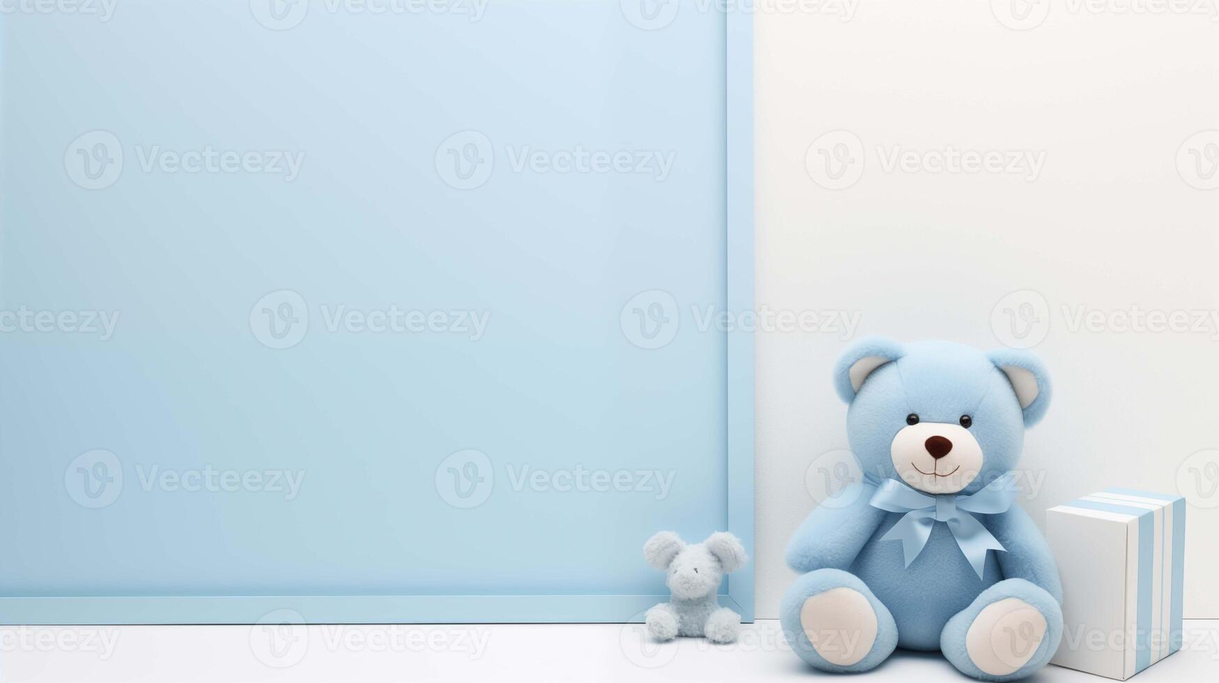 Blue teddy bear next to large frame mockup. Peaceful nursery theme. Blank framework, advertising mock up. Babyhood concept composition front view, showcase interior copy space photo