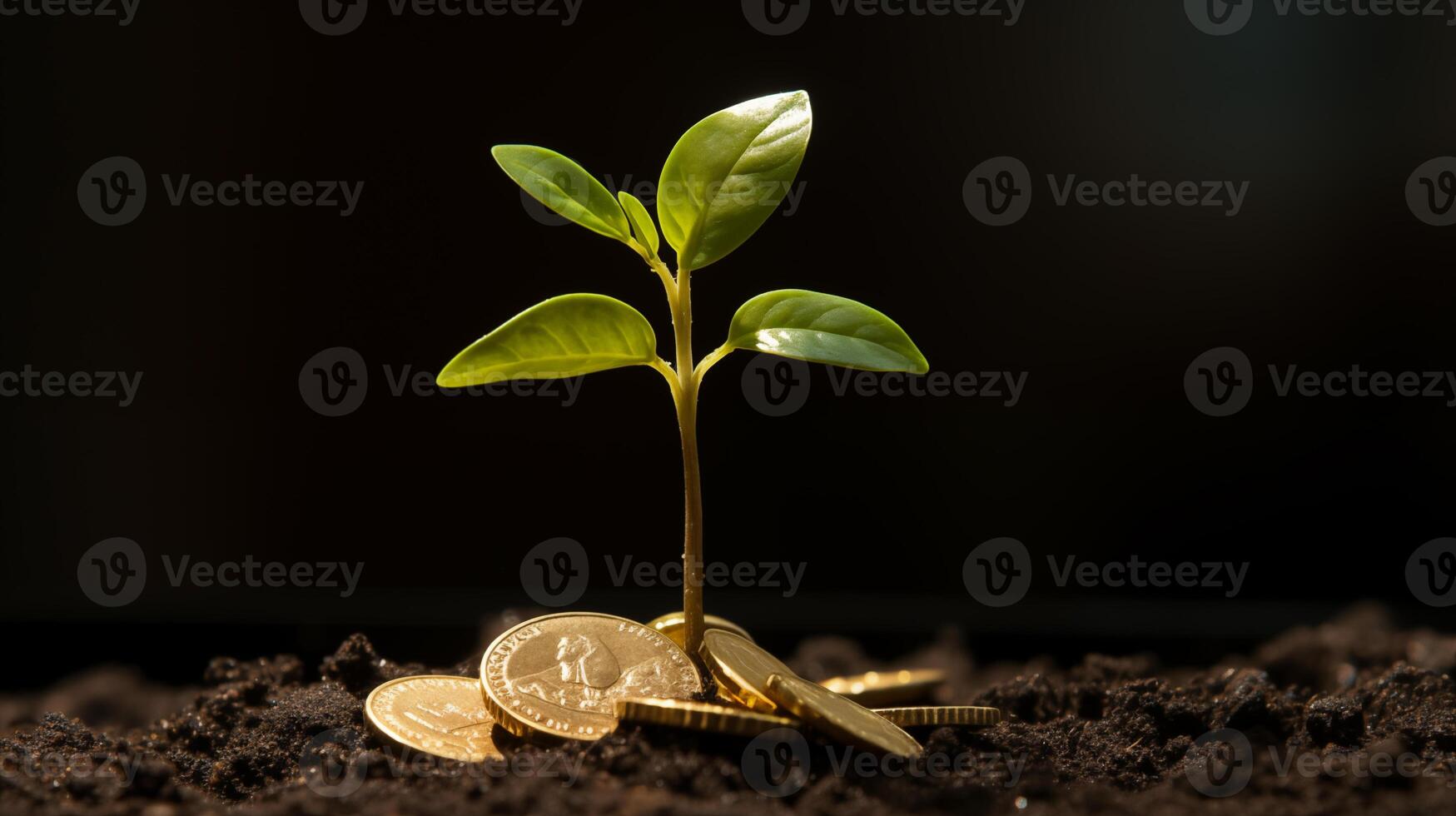 Financial growth seedling closeup image. Young plant sprouting from coins buried in soil close up photography marketing. Investment concept photo realistic. Nature picture photorealistic