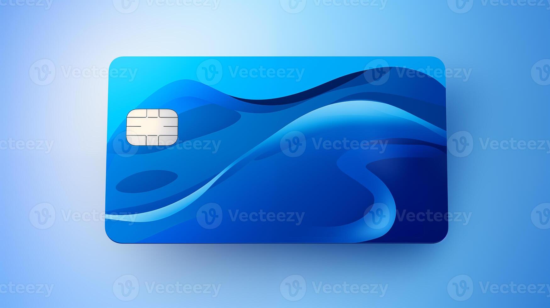Dynamic wave credit card mockup on white blue gradient background. Smooth bankcard template. Blank plastic card design realistic. Fluidity in financial operations concept image mock up photo
