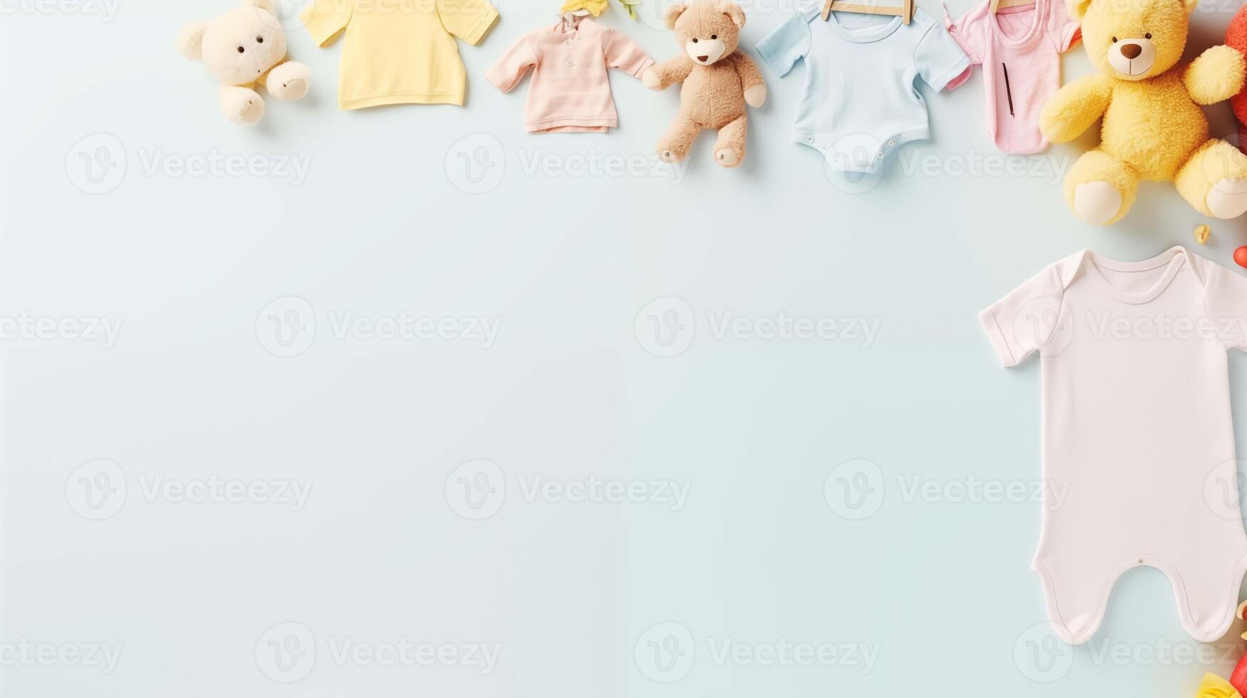Cute babywear and toys banner background copy space. Plush bears onesies image backdrop empty. Pure infant fashion. Parenting blog. Babyhood concept composition top view, copyspace photo