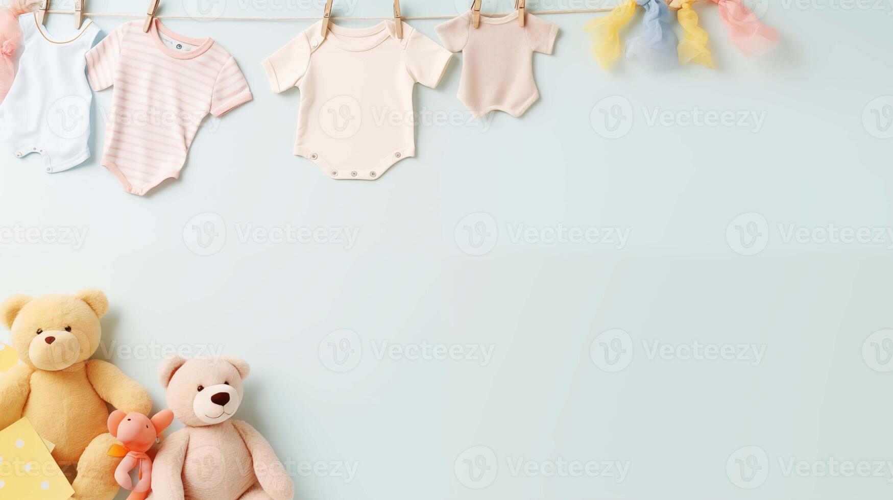 Pastel baby onesies and soft toys banner background copy space. Preparation for joyful arrival image backdrop empty. Parenting blog. Babyhood concept composition top view, copyspace photo