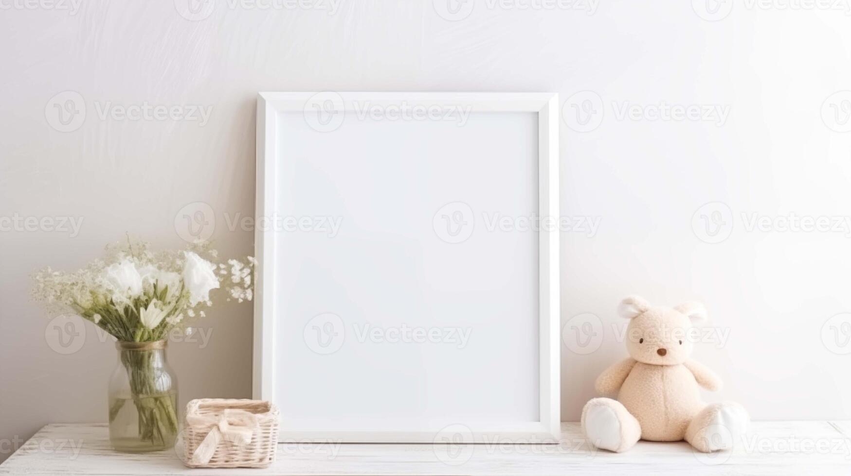 Nursery rustic with white frame mockup. Soft plush bear and delicate flowers. Blank framework, advertising mock up. Babyhood concept composition front view, showcase interior copy space photo