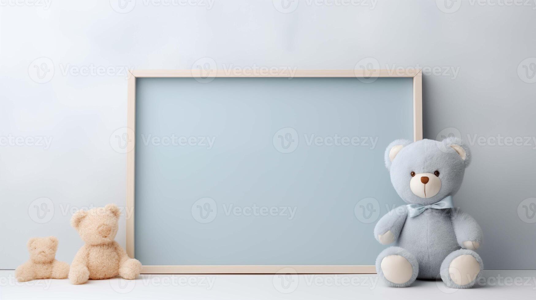 Soft plush bear sits beside wooden frame mockup. Serene blue backdrop. Blank framework, advertising mock up. Babyhood concept composition front view, showcase interior copy space photo