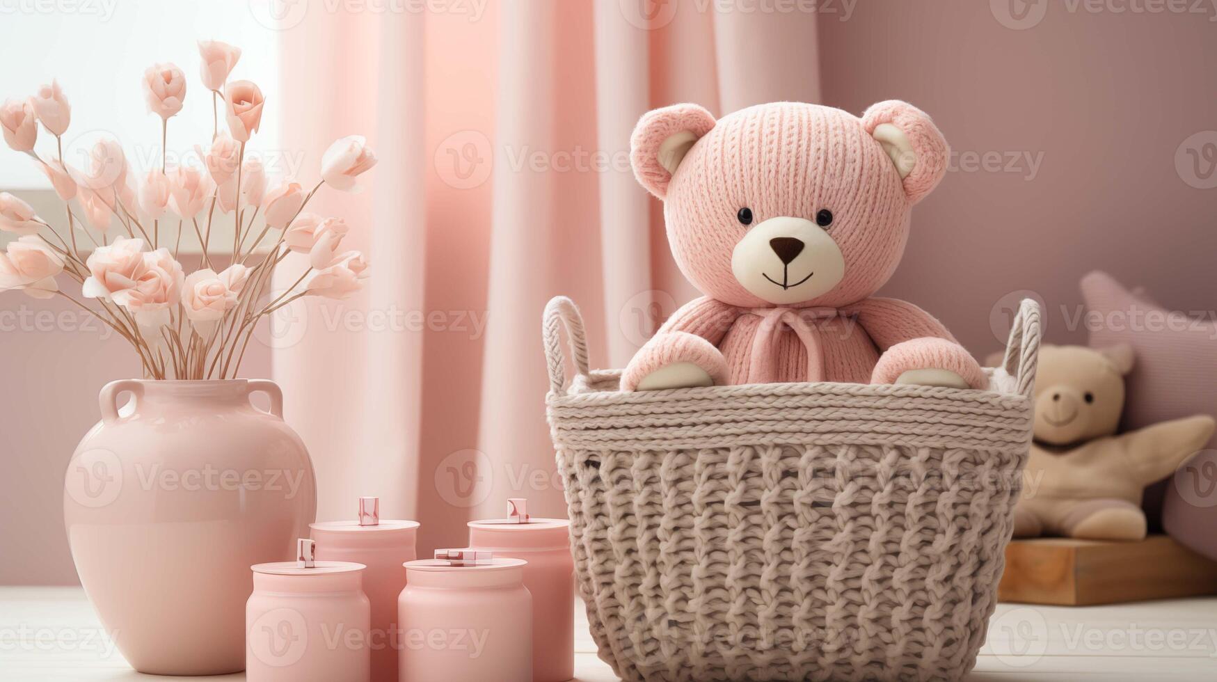 Knitted pink bear in wicker basket image background. Serene aesthetic close up picture wallpaper. Plush toy, bottles, flowers vase closeup photo backdrop. Babyhood concept photography