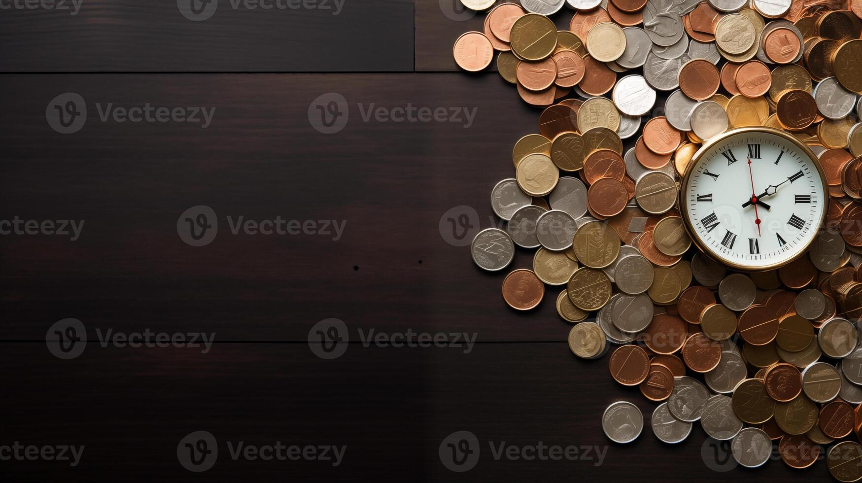Financial time management banner background copy space. Timepiece, pile of metal coins on wooden surface image backdrop empty. Finance savings concept composition top view, copyspace photo