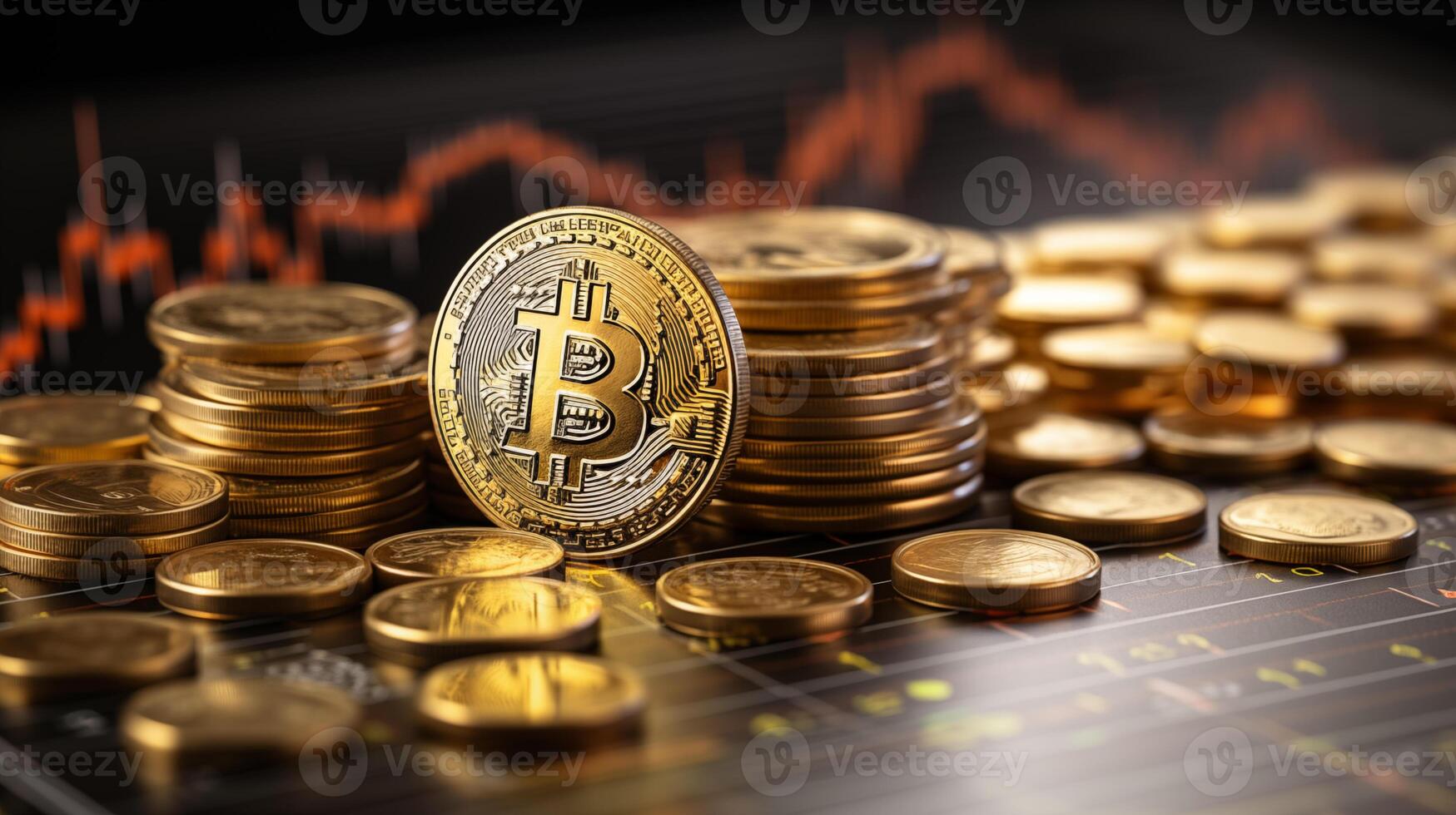 Golden bitcoins coin on illuminated financial chart closeup image. Virtual money close up photography marketing. Tracking of cryptocurrency value concept photo realistic. Finance picture