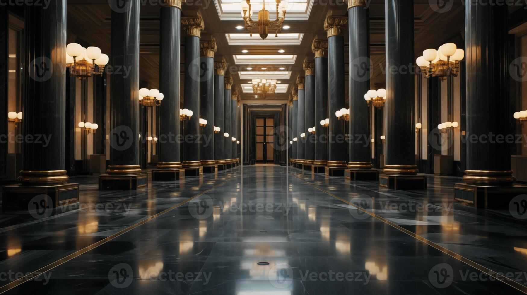 Luxurious hallway lined with polished marble columns interior design. Gleaming floors room nobody. Soft glow of ambient lighting image background realistic. Elegance concept photography photo