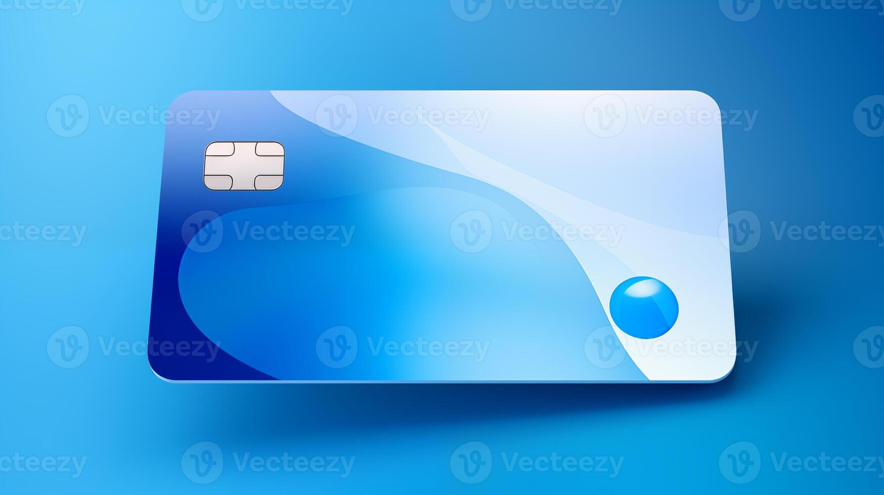 Vibrant water droplet credit card mockup on blue gradient background. With smart chip bankcard template. Blank plastic card design photorealistic. Liquidity finance concept image mock up photo