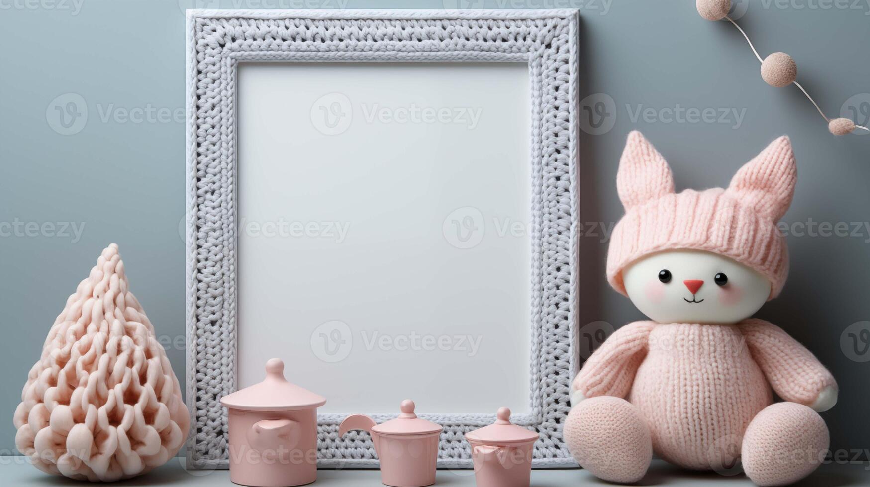 Whimsical pink bunny doll beside knitted frame mockup. Cute pastel decor. Blank framework, advertising mock up. Babyhood concept composition front view, showcase interior copy space photo