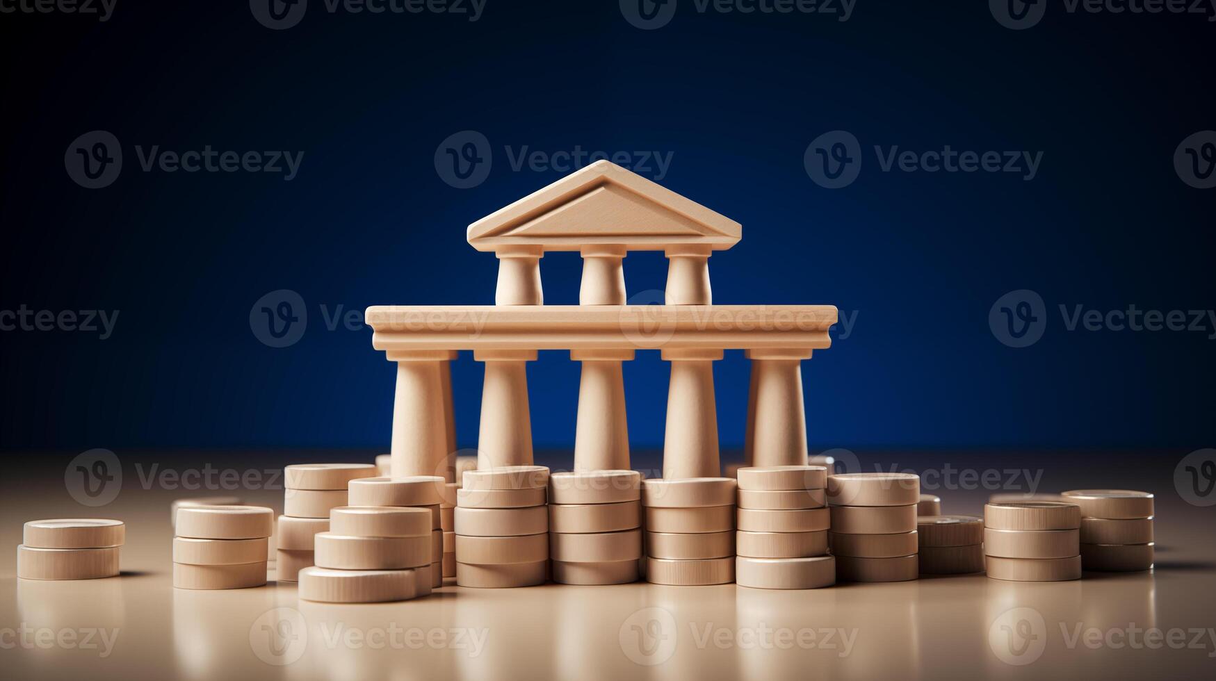 Wooden bank building with coin stacks closeup image. Banking savings close up photography marketing. Financial stability concept photo realistic. Accumulation picture photorealistic