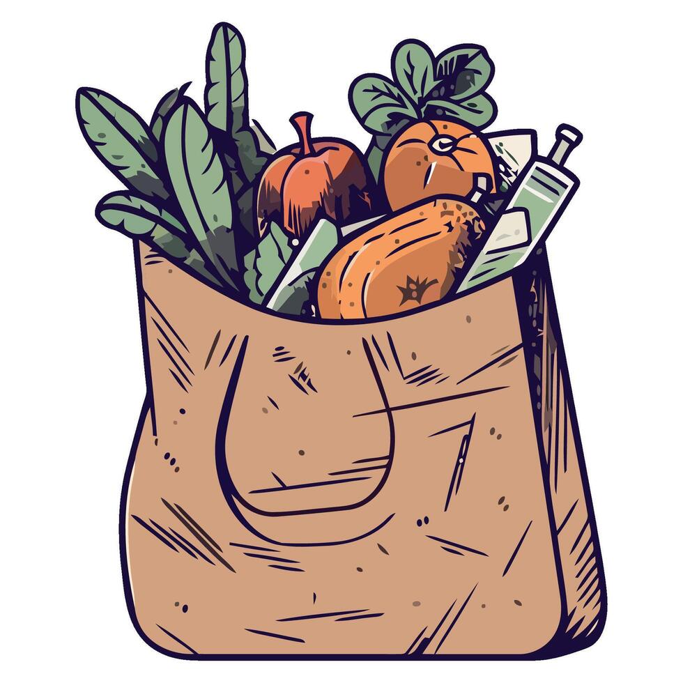 A grocery bag full of vegetables and fruits vector