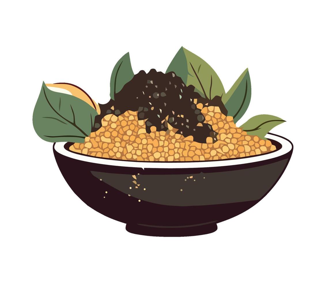 A bowl of mustard with leaves and spices vector