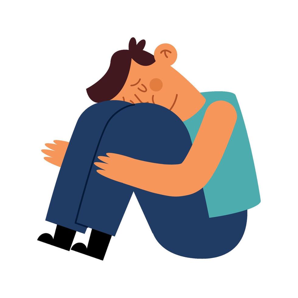Sad man sitting on the floor with his head in his hands vector
