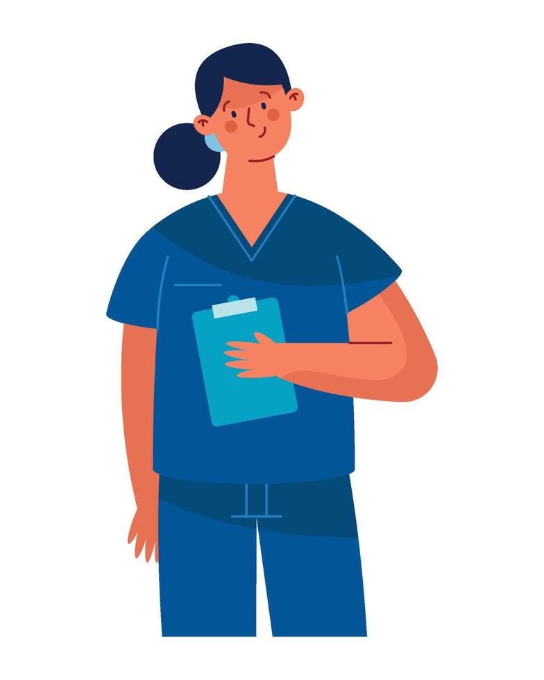 A woman in blue scrub suit holding a clipboard vector