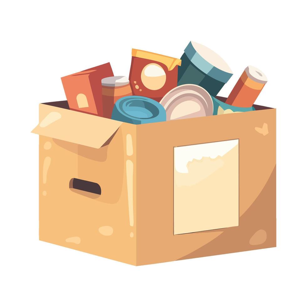 A cardboard box filled with food and other items vector