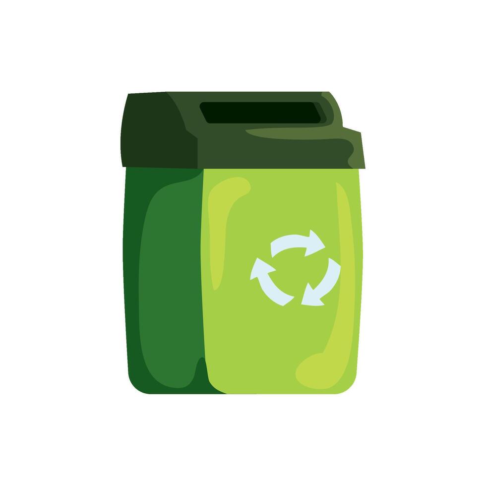 A green recycling bin with a circular arrow vector
