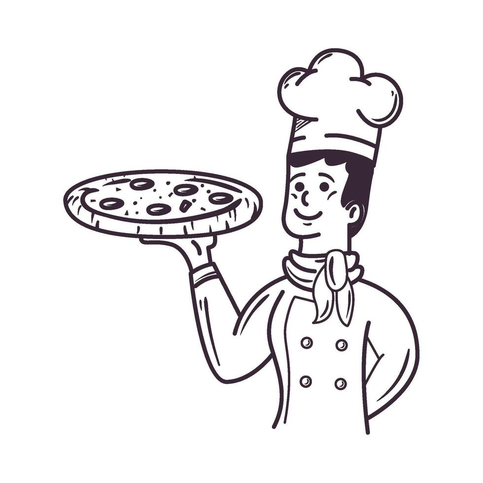 Chef holding a pizza on a plate vector