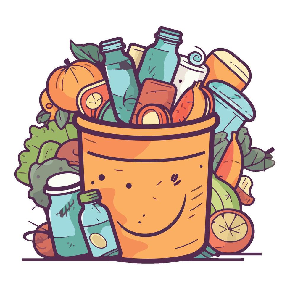 A bucket full of food and drinks with a smiley face vector
