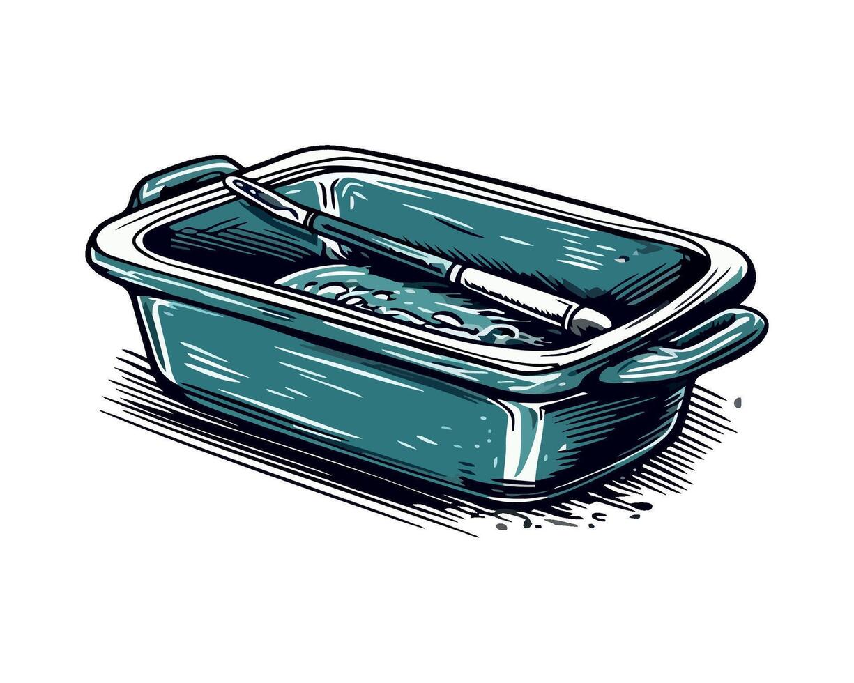 A blue dish with a knife and fork in it vector