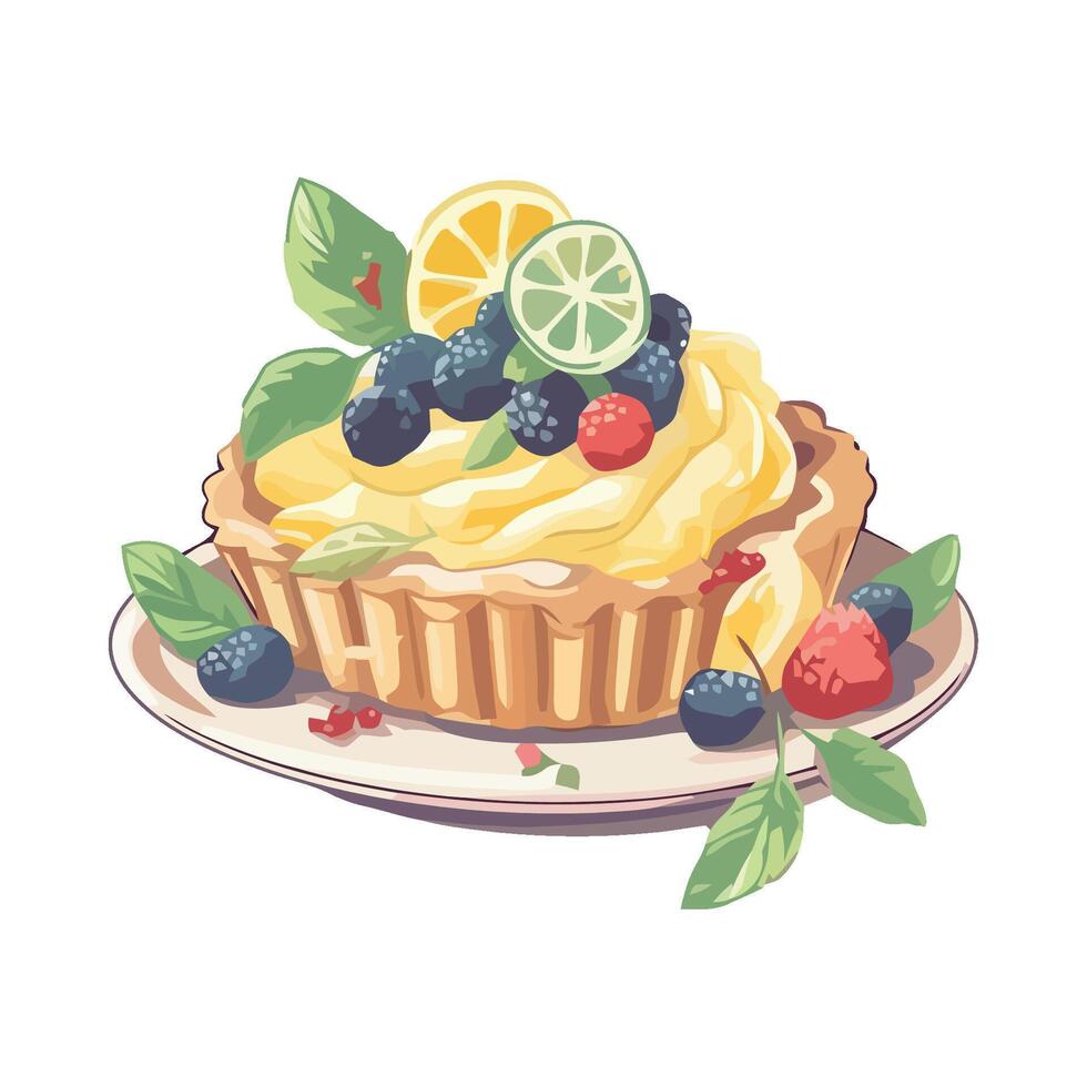 A lemon tart with berries and lemon slices on a plate vector