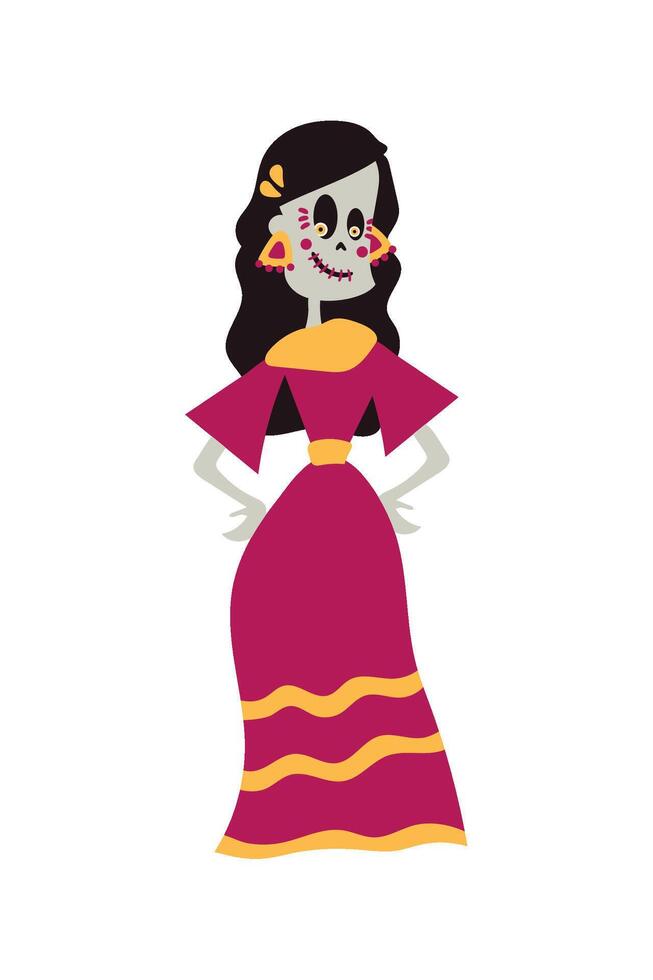 A cartoon skeleton in a pink dress vector