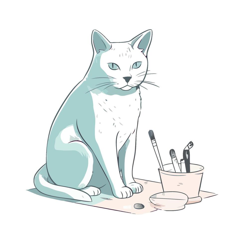 A drawing of a cat sitting next to a bowl of paint vector