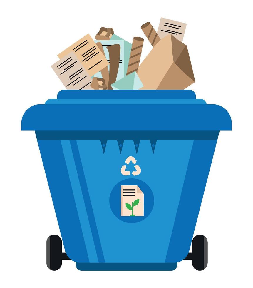 A blue trash can with papers and other items vector