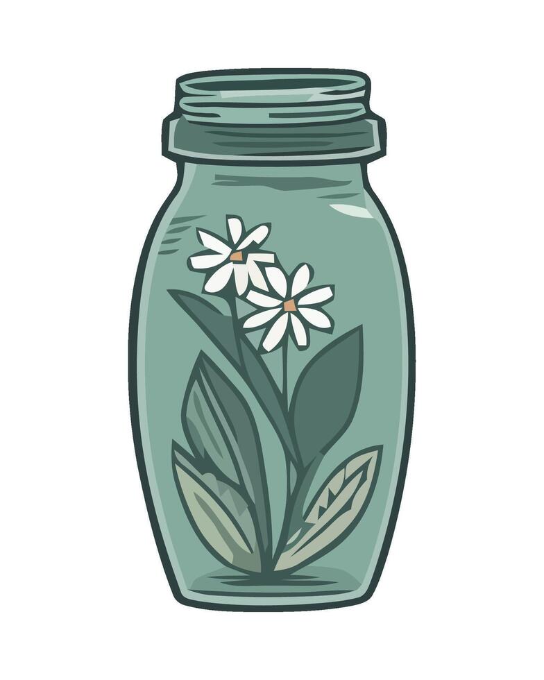 A jar with flowers and leaves on a white background vector