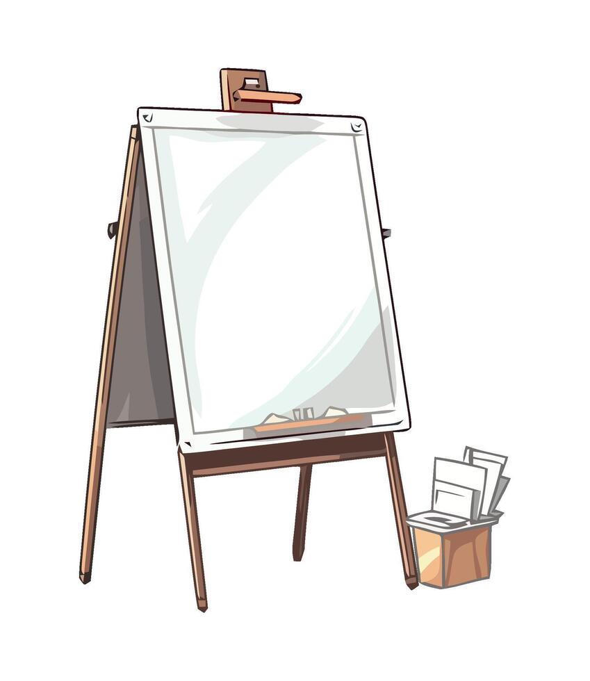 An easel with a blank board and a box of papers vector