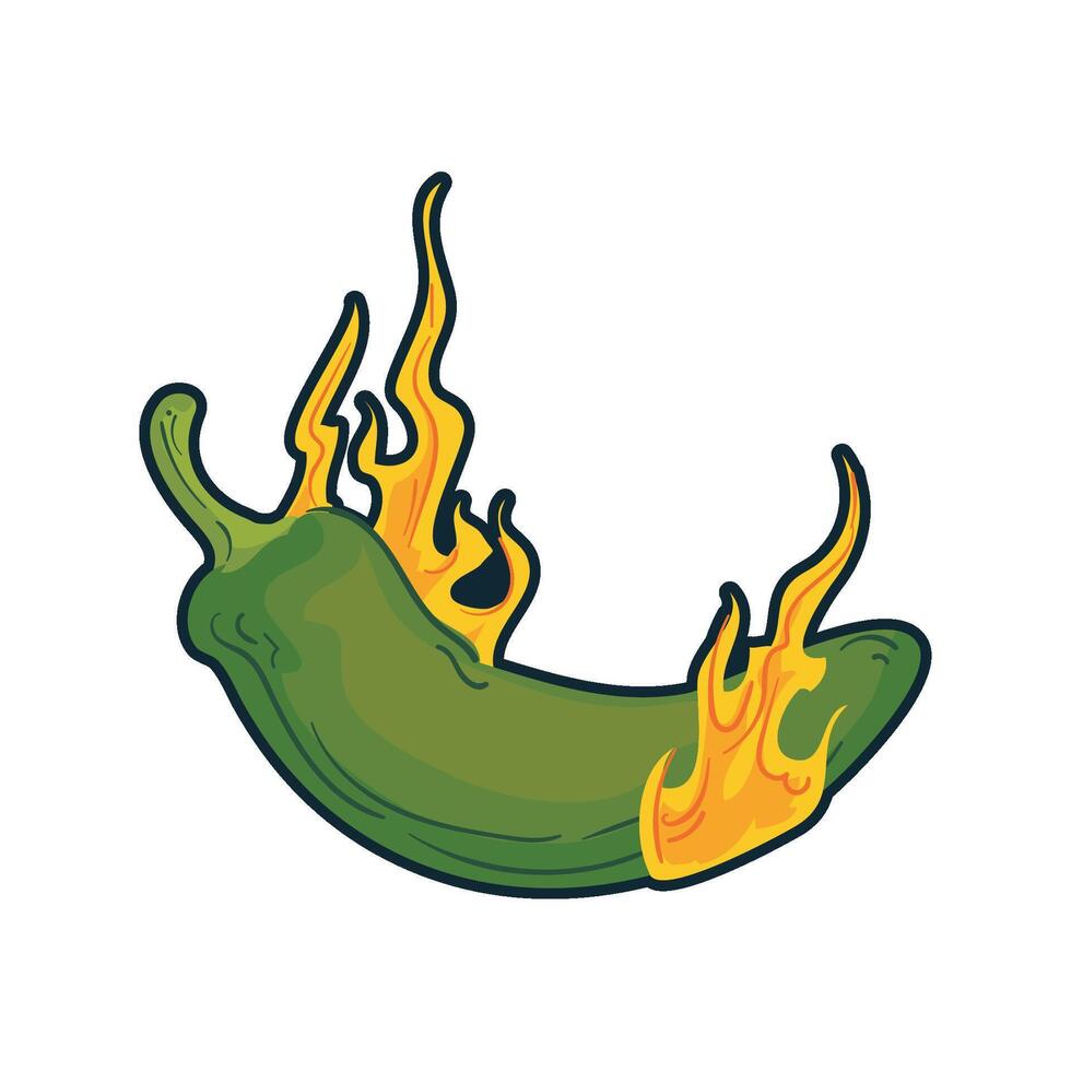 A green chili pepper with fire on it vector