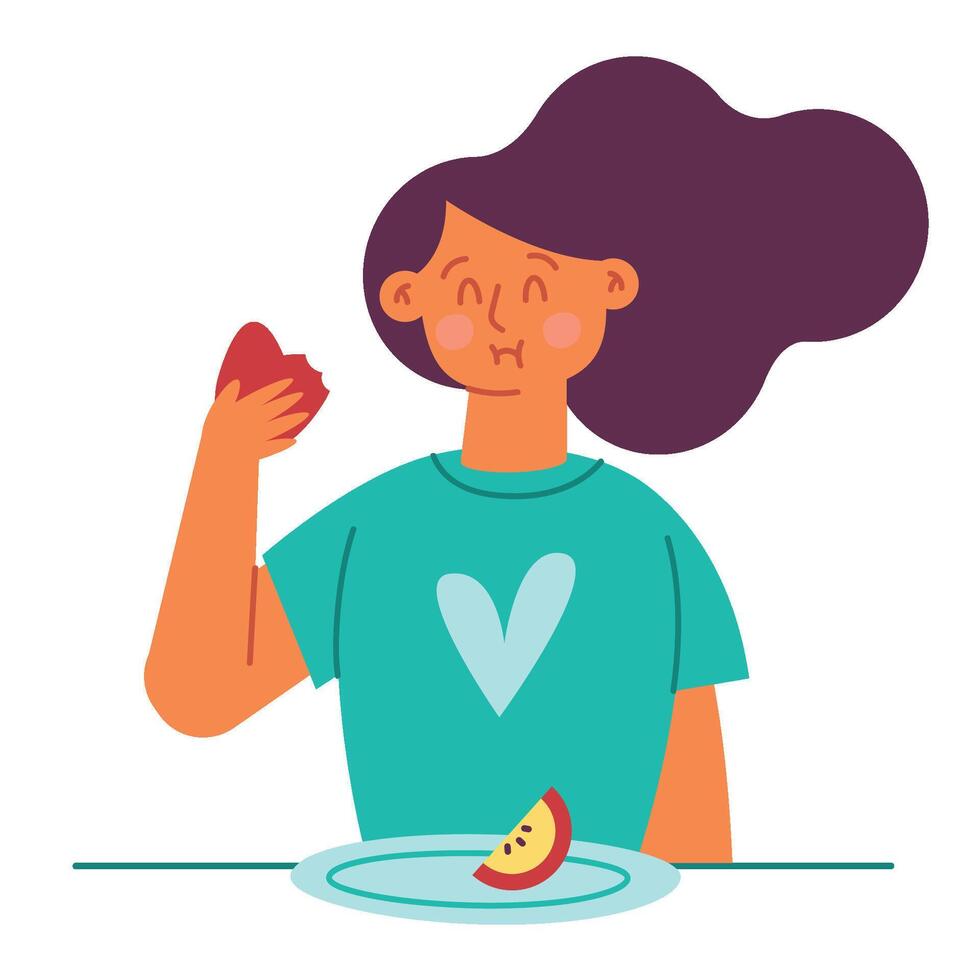 A woman eating a fruit and a plate with a piece of fruit vector