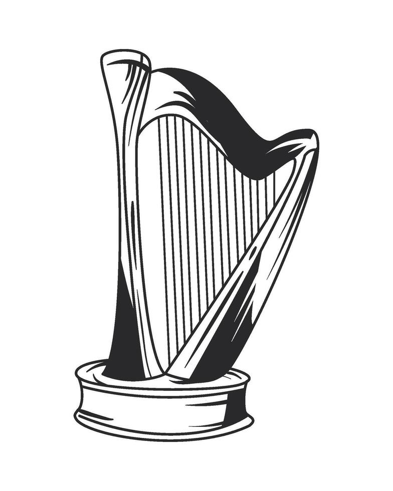 A black and white illustration of a harp vector