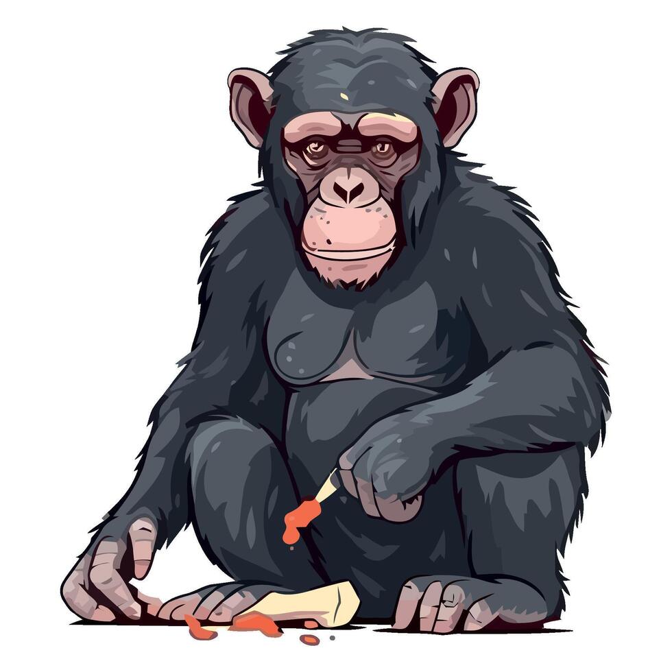 Chimpanzee eating a piece of meat vector