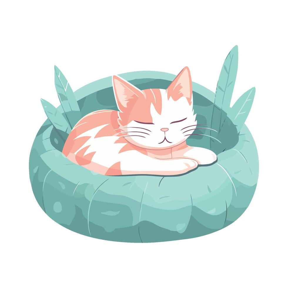 A cartoon cat sleeping in a green bowl vector