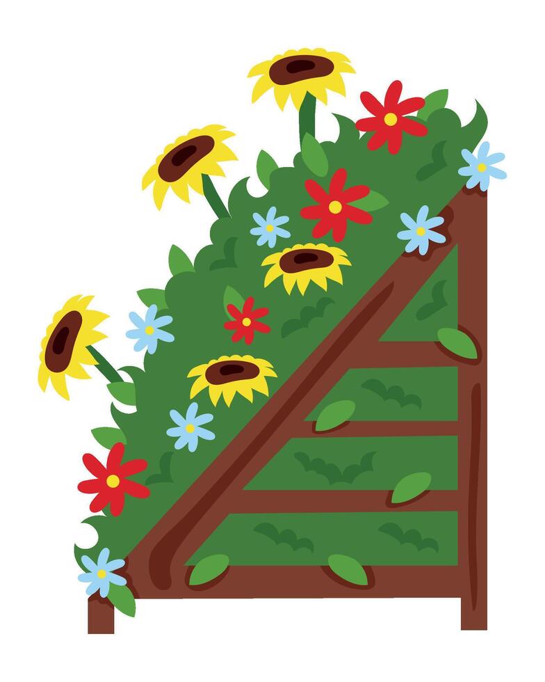 A wooden ladder with flowers and sunflowers vector