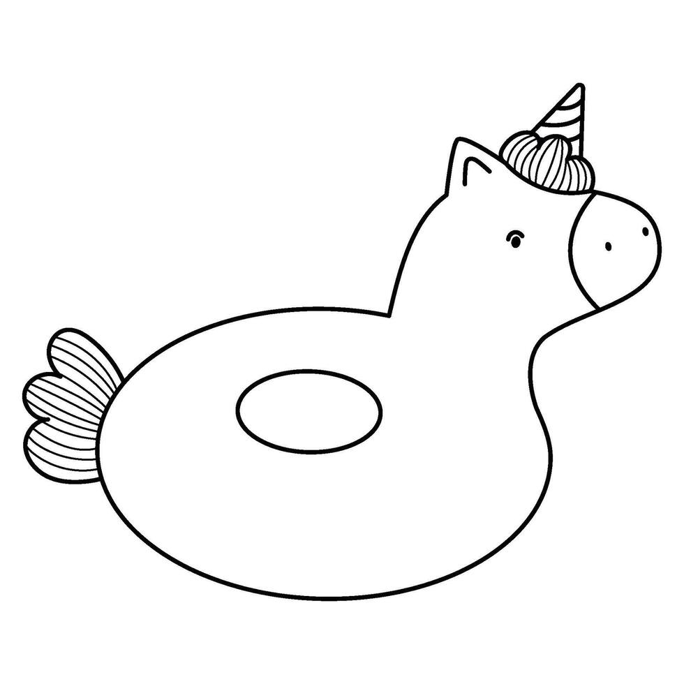 A coloring page with a unicorn swimming ring vector