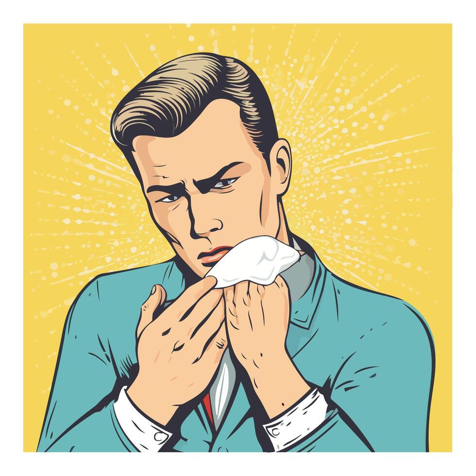 Man blowing his nose in a tissue vector