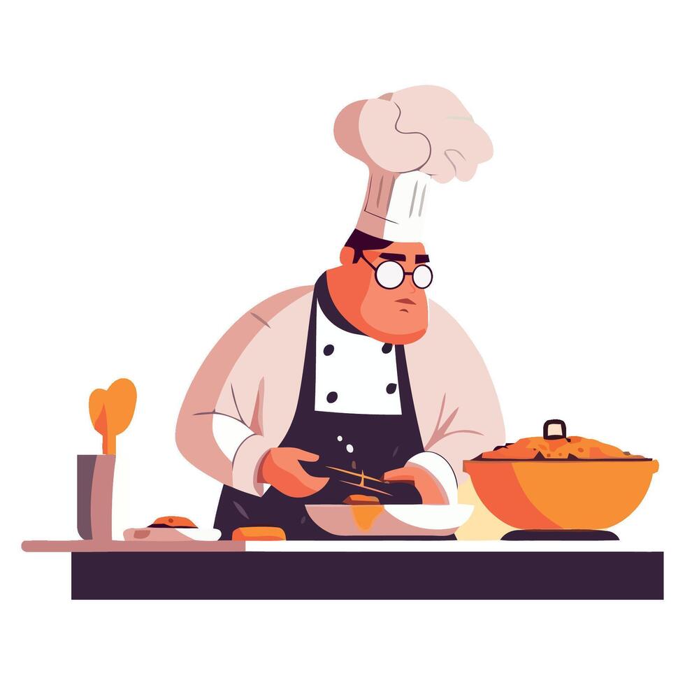 Chef cooking food in kitchen, cartoon illustration vector
