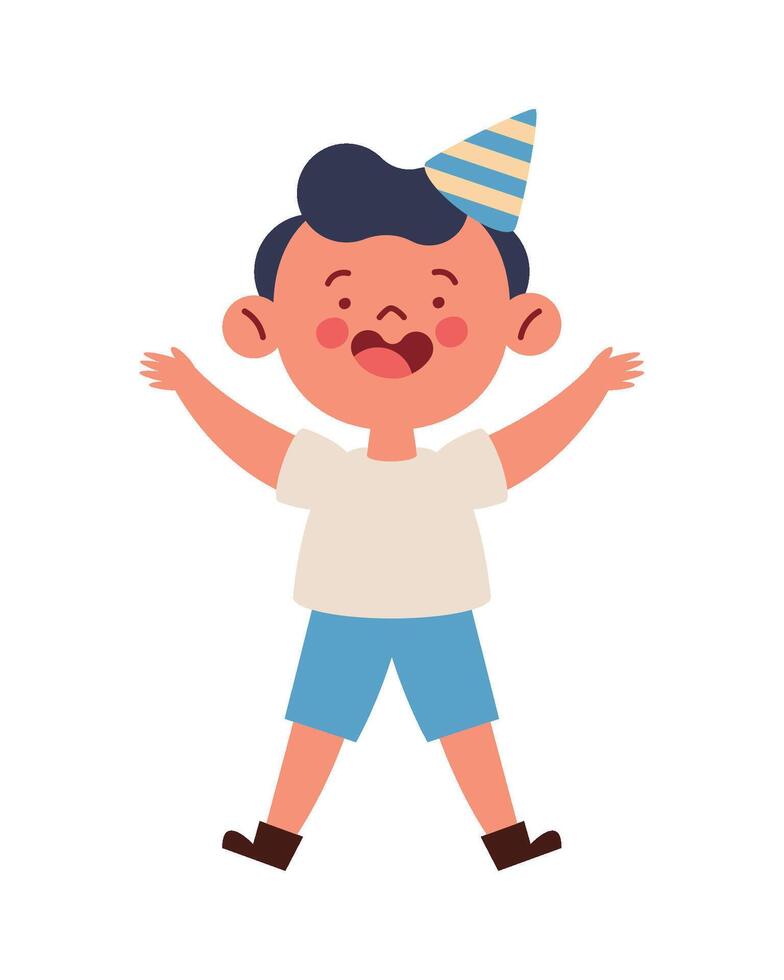 Boy with birthday hat and arms up in celebration vector