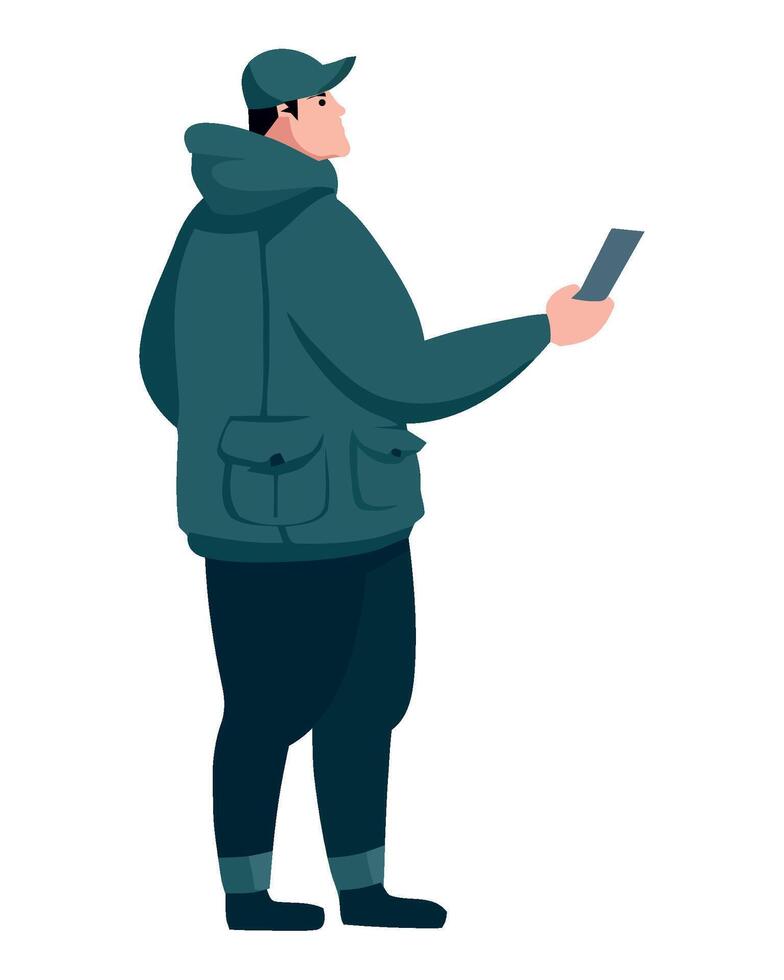 A man in a hoodie and jacket is holding a tablet vector