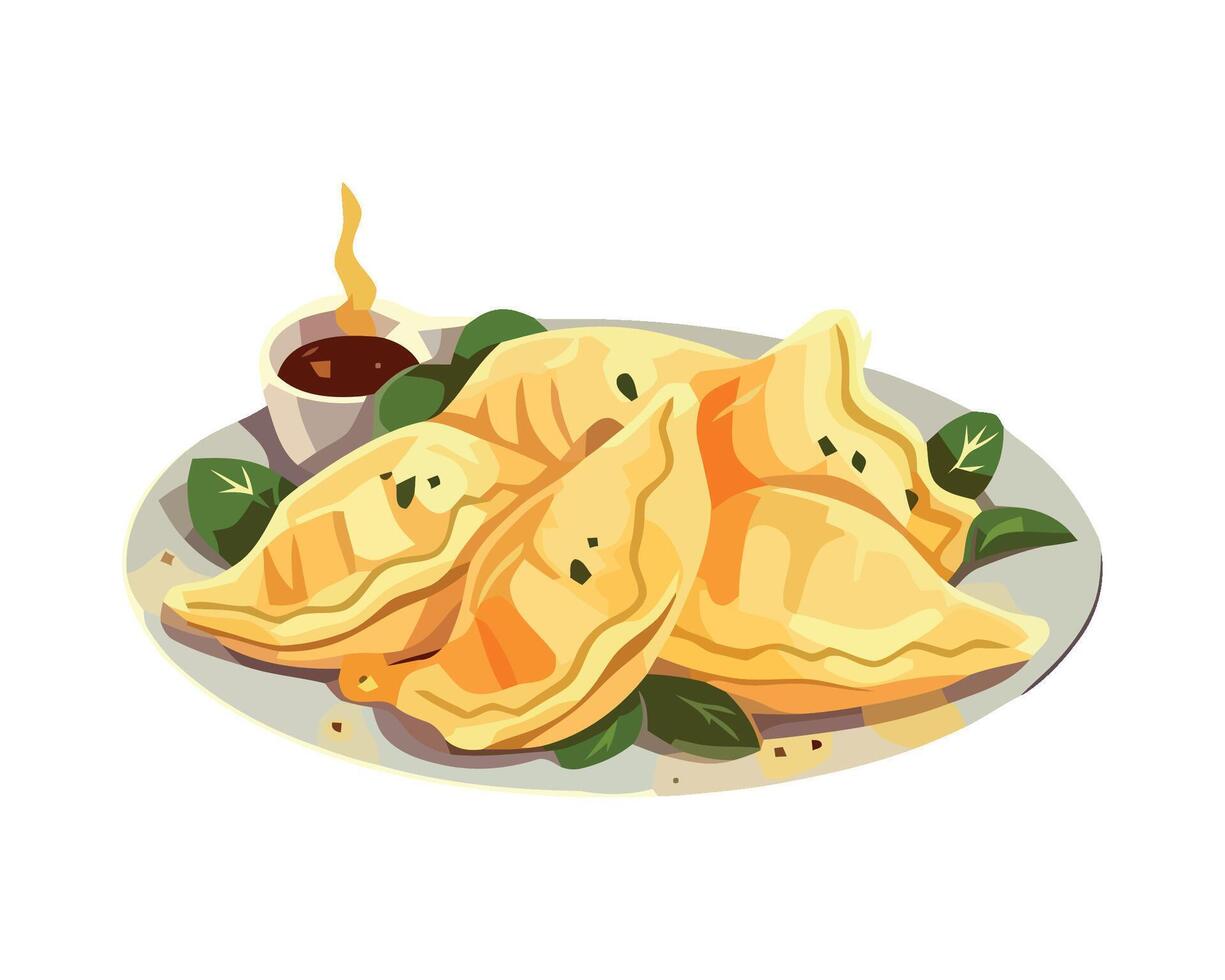 A plate with dumplings and sauce on it vector